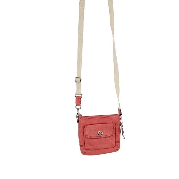 Coach Park Swingpack Pebbled Leather Crossbody Bag Coral Pink Front Pocket Small - Picture 1 of 10